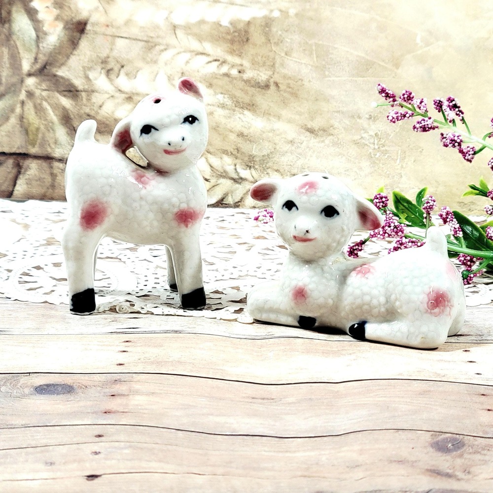 Vintage Ceramic Figural Lamb Salt and Pepper Shakers Mid Century Spotted Sheep